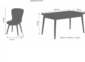 Set masa extensibila cu 6 scaune tapitate Homs zebra 250-300355,170 x 80 cm
