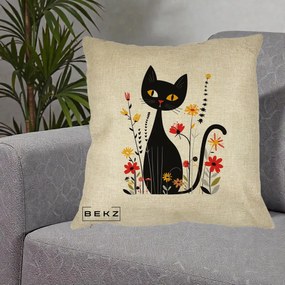 Perna Decorativa Pisica Neagra Ochi Galbeni Flori, 40x40 cm, Crem, Husa Detasabila, Perna Inclusa, BEKZ®