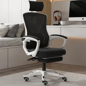 RESIGILAT- Scaun ergonomic cu suport lombar, pivotant 360°, tetieră reglabilă, suport pentru picioare, Mesh, Alb/Negru