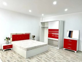Dormitor Palermo, culoare alb / rosu, cu pat tapitat 160 x 200 cm, dulap cu 2 usi, comoda cu oglinda, 2 noptiere