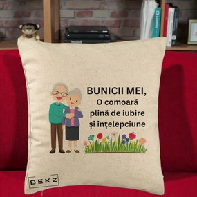 Cadou pentru Bunici - Perna Personalizata Bunicii Mei Comoara Cuplu Senior cu Flori Colorat, 40x40 cm, Bej, Husa Detasabila, Perna Inclusa, BEKZ®