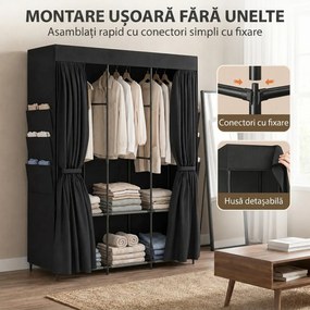 HOMCOM Garderobă Textilă cu 3 Bare și 3 Rafturi, Oțel și Material Netesut, 130 x 45 x 167 Cm, Negru | Aosom Romania