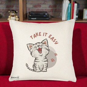 Perna Personalizata Take It Easy Cat, 40x40 cm, Crem Reliefat, Husa Detasabila, Perna Inclusa, BEKZ®