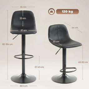 HOMCOM Set de 2 taburete de bar, scaune de bar cu înălțime reglabilă, spătar și suport picioare, rotative 360°, picioare din oțel, negru | Aosom Romania
