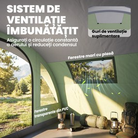 Outsunny Cort Mare Multi-Cameră pentru 2-4 Persoane, cu Ferestre și Verandă, Verde | Aosom Romania