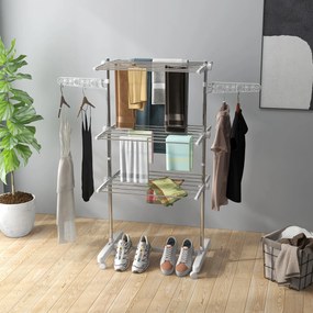 HOMCOM Uscător Vertical de Rufe Pliabil cu 6 Roți și 3 Rafturi Reglabile, 142x55x172 cm, Alb și Argintiu | Aosom Romania