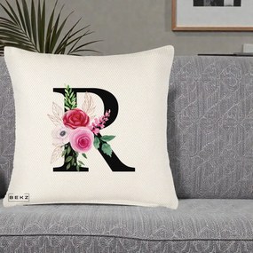 Cadou Personalizat - Perna Personalizata Monograma Florala Litera R, 40x40 cm, Crem Reliefat, Husa Detasabila, Perna Inclusa, BEKZ®