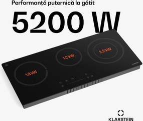 Klarstein CeramEase Slim VTC plită de gătit, vitroceramică, 3 zone de gătit, 5,2 kW, touch control, cronometru
