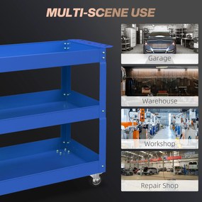 DURHAND Cărucior pentru Scule cu 3 Niveluri din Oțel cu Margini Înalte și 4 Roți Pivotante, 83 x 35.3 x 76 cm, Albastru | Aosom Romania