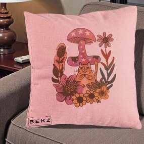 Perna Decorativa Ciuperca Pisica Boho, 40x40 cm, Roz, Husa Detasabila, Perna Inclusa, BEKZ®