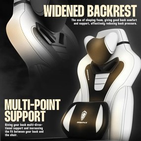 RESIGILAT- DOWINX Scaun gaming, ergonomic, suport lombar cu masaj, Șezut cu Arcuri Metalice și Spumă, Spătar înalt, rabatabil 90°-145°, Buzunar depozitare, Suport picioare, rezistent 150 kg, material PU respirabil, Alb/Negru