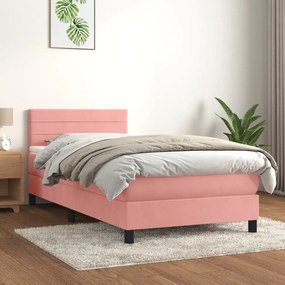 vidaXL Pat box spring cu saltea, roz, 90x190 cm, catifea