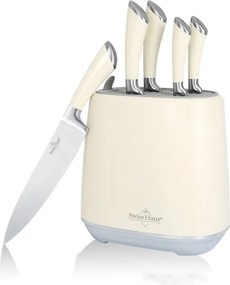 Set de cutite Swiss Haus SH-KSL6CR, 6 piese, Otel inoxidabil, Manere metalice, Suport, Crem