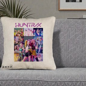 Perna Personalizata K-pop HUNTRX Colaj Animat Foto Grup, 40x40 cm, Bej Canapea, Husa Detasabila, Perna Inclusa, BEKZ®