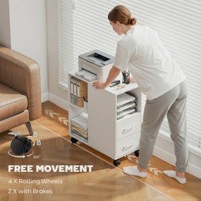 HOMCOM Măsuță de Living cu Roți, 2 Sertare, Raft Deschis și Poliță Reglabilă, Măsuță pentru Dormitor sau Living, 60x30x65 cm, Alb | Aosom Romania
