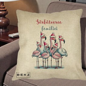 Perna Decorativa Flamingo Craciun Sarbatoarea Familiei, 40x40 cm, Crem, Husa Detasabila, Perna Inclusa, BEKZ®