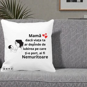 Cadou pentru Mama - Perna Personalizata Mama Nemuritoare Imbratisare Copil, 40x40 cm, Alba Mata, Husa Detasabila, Perna Inclusa, BEKZ®