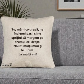 Cadou pentru Mama - Perna Personalizata Mamico Draga Te Iubim La Multi Ani cu Text Negru, 40x40 cm, Bej Canapea, Husa Detasabila, Perna Inclusa, BEKZ®