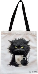 Sacosa de Panza pentru Cumparaturi, Geanta Tote, model Coffee Addict, Cu fermoar, 38x34.5 cm, Alba, BEKZ®