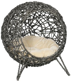 PawHut Coș pisică pat înălțat pisică cozi cuib confort dim. Ø 52 x 58H cm pernă pufoasă inclusă rășină imitând răchita gri | Aosom Romania