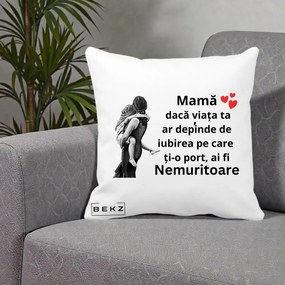 Cadou pentru Mama - Perna Personalizata Mama Nemuritoare Gravura Vintage, 40x40 cm, Alba Mata, Husa Detasabila, Perna Inclusa, BEKZ®