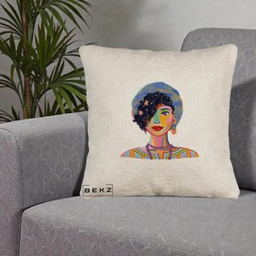 Perna Decorativa Portret Femeie Etnic Colorat, 40x40 cm, Bej Canapea, Husa Detasabila, Perna Inclusa, BEKZ®