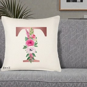 Cadou Personalizat - Perna Personalizata Monograma Rose Gold Litera T, 40x40 cm, Crem Reliefat, Husa Detasabila, Perna Inclusa, BEKZ®