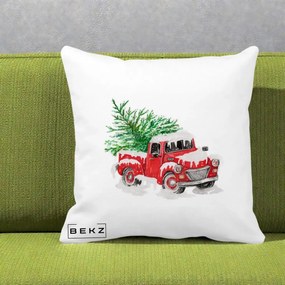 Perna Decorativa Camioneta Rosie Brad de Craciun, 40x40 cm, Alba Mata, Husa Detasabila, Perna Inclusa, BEKZ®
