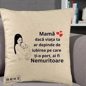 Cadou pentru Mama - Perna Personalizata Mama Nemuritoare Linie, 40x40 cm, Bej, Husa Detasabila, Perna Inclusa, BEKZ®