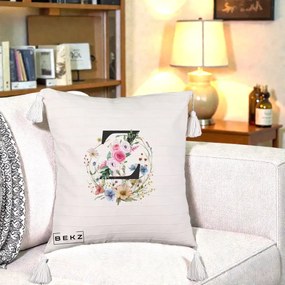 Cadou Personalizat - Perna Personalizata Monograma Florala Litera Z cu Coroana, 40x40 cm, Bej cu Franjuri, Husa Detasabila, Perna Inclusa, BEKZ®