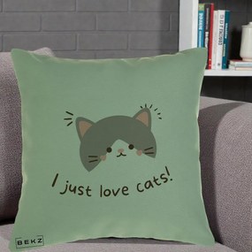 Perna Personalizata I Just Love Cats Pisica Kawaii, 40x40 cm, Verde, Husa Detasabila, Perna Inclusa, BEKZ®