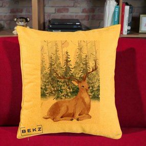 Perna Decorativa Ren in Padure Roz Moale, 40x40 cm, Galben, Husa Detasabila, Perna Inclusa, BEKZ®
