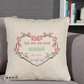 Cadou pentru Mama - Perna Personalizata Esti Cea mai Buna Mama din Lume La Multi Ani cu Inima Florala, 40x40 cm, Bej Canapea, Husa Detasabila, Perna Inclusa, BEKZ®