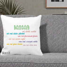 Cadou pentru Mama - Perna Personalizata Mama Cel Dintai Cuvant cu Text Colorat Multicolor, 40x40 cm, Alba Mata, Husa Detasabila, Perna Inclusa, BEKZ®