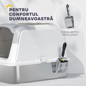 PawHut Litieră pentru pisici cu 2 intrări, deodorant și lopățică Alb și gri | Aosom Romania