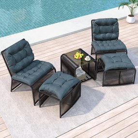 Set mobilier de grădină de exterior în 5 piese, set lounge pentru balcon cu 2 scaune, 2 taburete și masă cu blat din sticlă, Negru+Gri