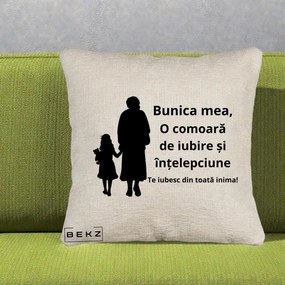 Cadou pentru Bunica - Perna Personalizata Bunica Mea Comoara Iubire Intelepciune Silueta, 40x40 cm, Bej Canapea, Husa Detasabila, Perna Inclusa, BEKZ®