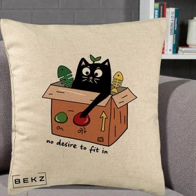 Perna Decorativa Pisica in Cutie No Desire to Fit In, 40x40 cm, Bej, Husa Detasabila, Perna Inclusa, BEKZ®
