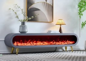 Șemineu electric cu efect LED realist, Comodă TV cu design oval, control vocal și telecomandă, fără încălzire, 180 cm, Gri