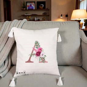 Cadou Personalizat - Perna Personalizata Monograma Rose Gold Litera A, 40x40 cm, Bej cu Franjuri, Husa Detasabila, Perna Inclusa, BEKZ®