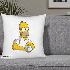 Perna Personalizata Homer Simpson cu Bere, 40x40 cm, Alb Pufos, Husa Detasabila, Perna Inclusa, BEKZ®