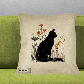 Perna Decorativa Pisica Neagra Profil Flori Portocalii, 40x40 cm, Crem, Husa Detasabila, Perna Inclusa, BEKZ®