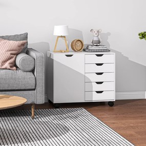 HOMCOM Dulap Lateral cu 5 Sertare, Dulap cu Raft Reglabil, Mobilier pentru Birou pe Roți, Suport pentru Imprimantă pentru Biroul de Acasă, Alb | Aosom Romania