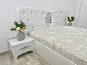 Set pat tapitat Viena, culoare alb, cu 2 noptiere Viena si saltea superortopedica lux 160 x 200 cm