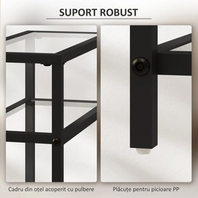 HOMCOM Măsuță de Cafea cu 3 Rafturi din Sticlă și Oțel 40x18x62 cm Negru | Aosom Romania