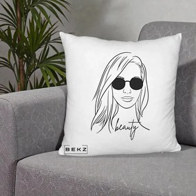Perna Decorativa Beauty Girl Line Art, 40x40 cm, Alb Pufos, Husa Detasabila, Perna Inclusa, BEKZ®