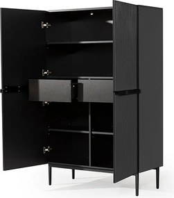 Comodă înaltă Nicole 100 cm cu două uși, fronturi riflate - negru mat / picioare negre