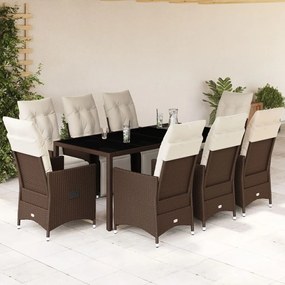 3276920 vidaXL Set bistro de grădină cu perne, 9 piese, maro, poliratan