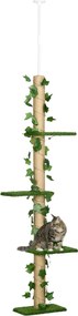 PawHut Stâlp Înalt pentru Pisici cu Tijă de Tensionare din Iută cu Frunze, 37x21x202-242 cm, Verde | Aosom Romania