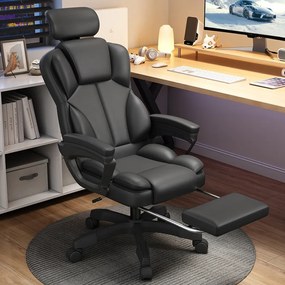 Scaun directorial, spătar înalt, tetiera reglabilă, pivotant 360°, suport picioare, piele PU, Negru